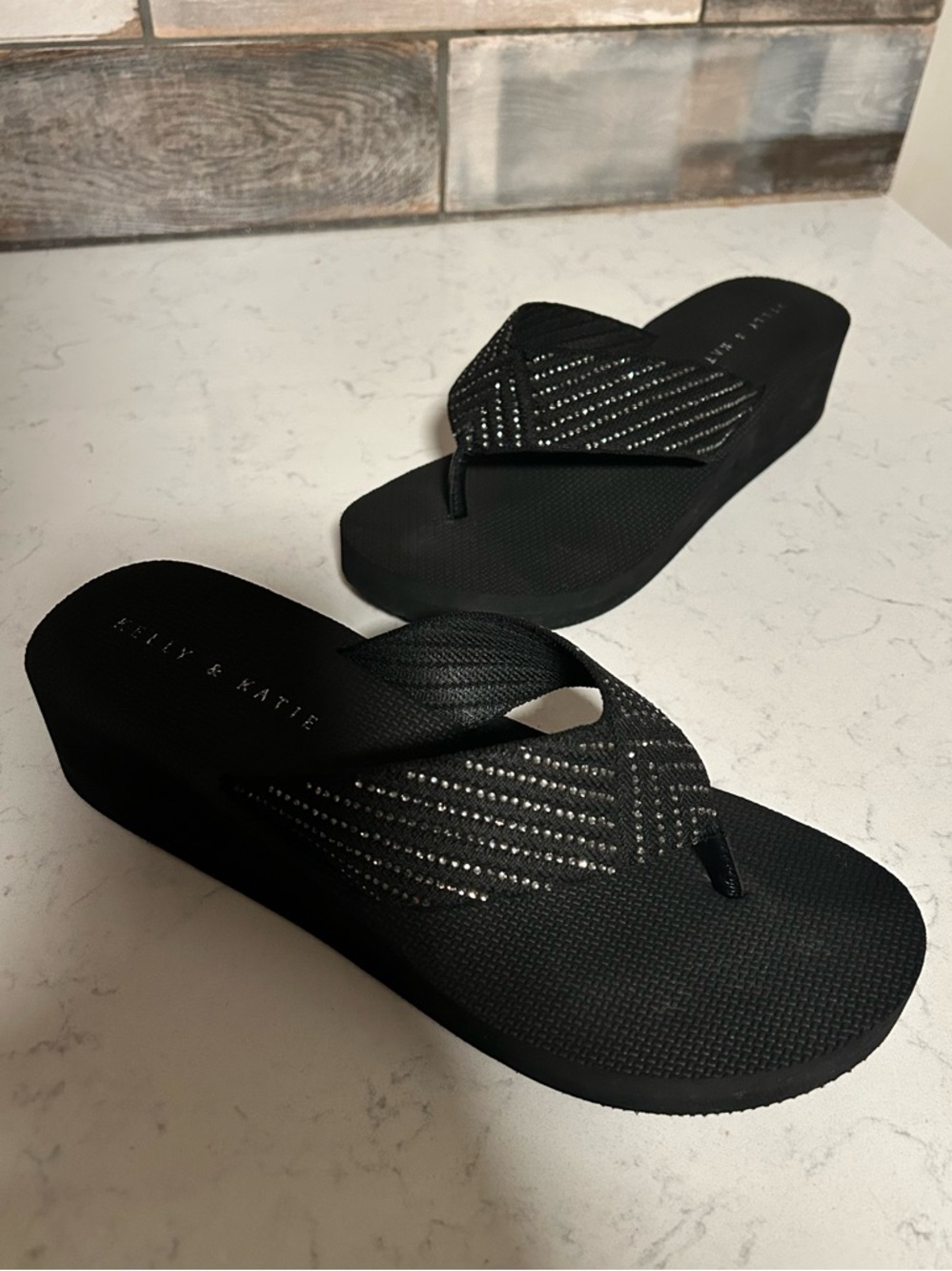 Kelly & Katie Black Wedge Flip Flop Thong Platform Sandal with Rhinestone Accent - Picture 2 of 16